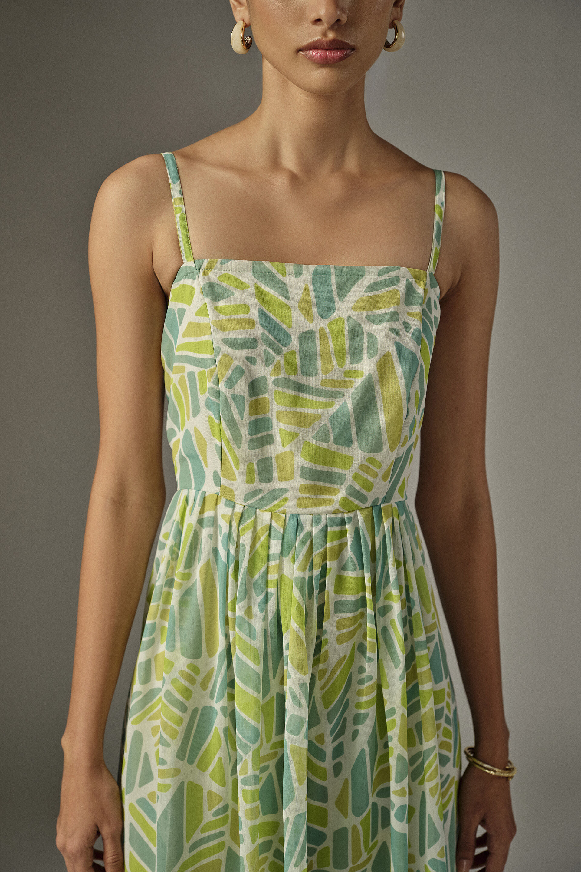 Fit & Flare Printed Maxi Dress in Green, Green, image 3